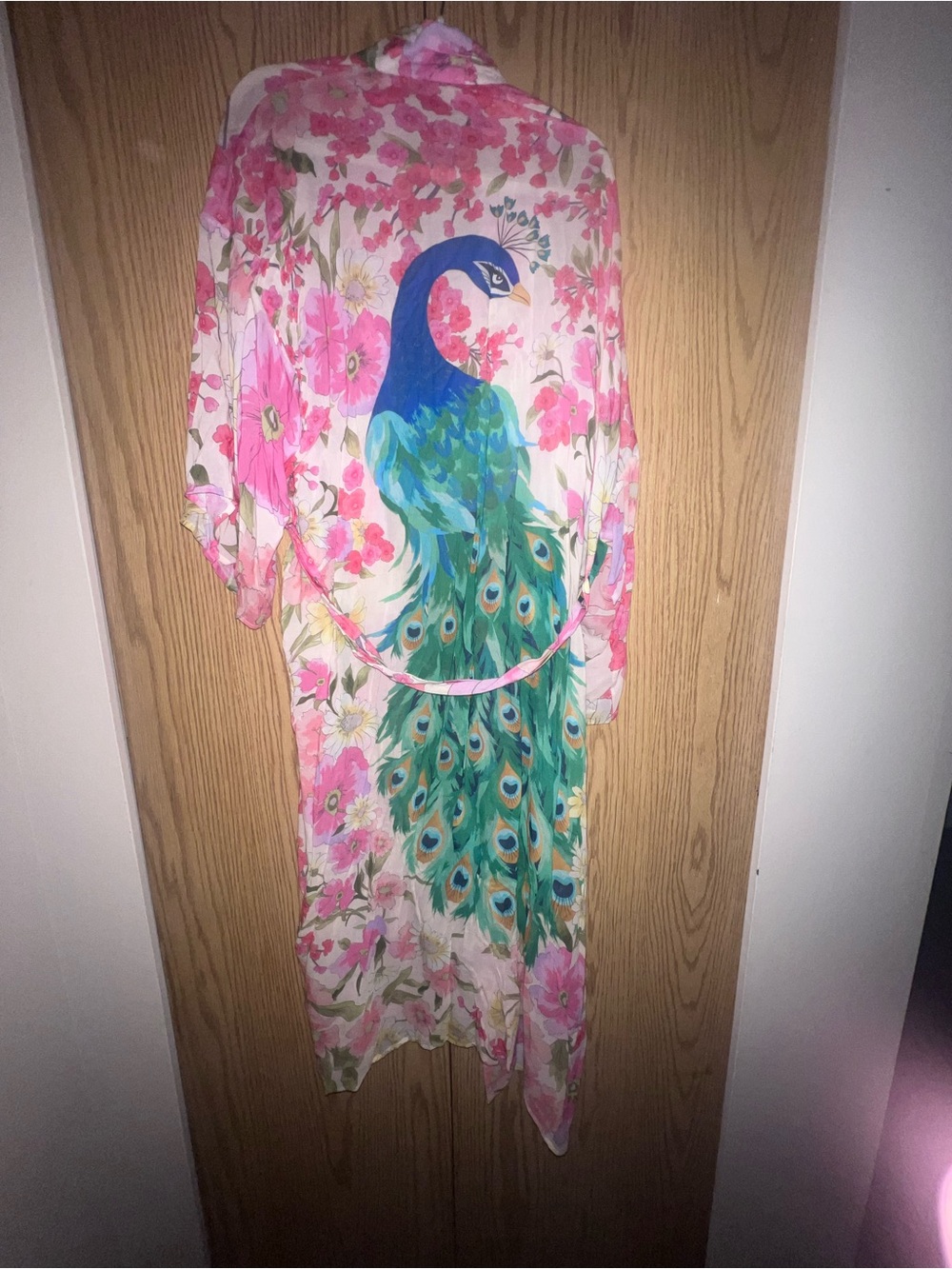 Free People Pink Floral Kimono Robe with Blue & Green Peacock